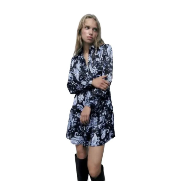 ZARA | Blue | PRINTED SHIRT DRESS - Picture 5 of 7